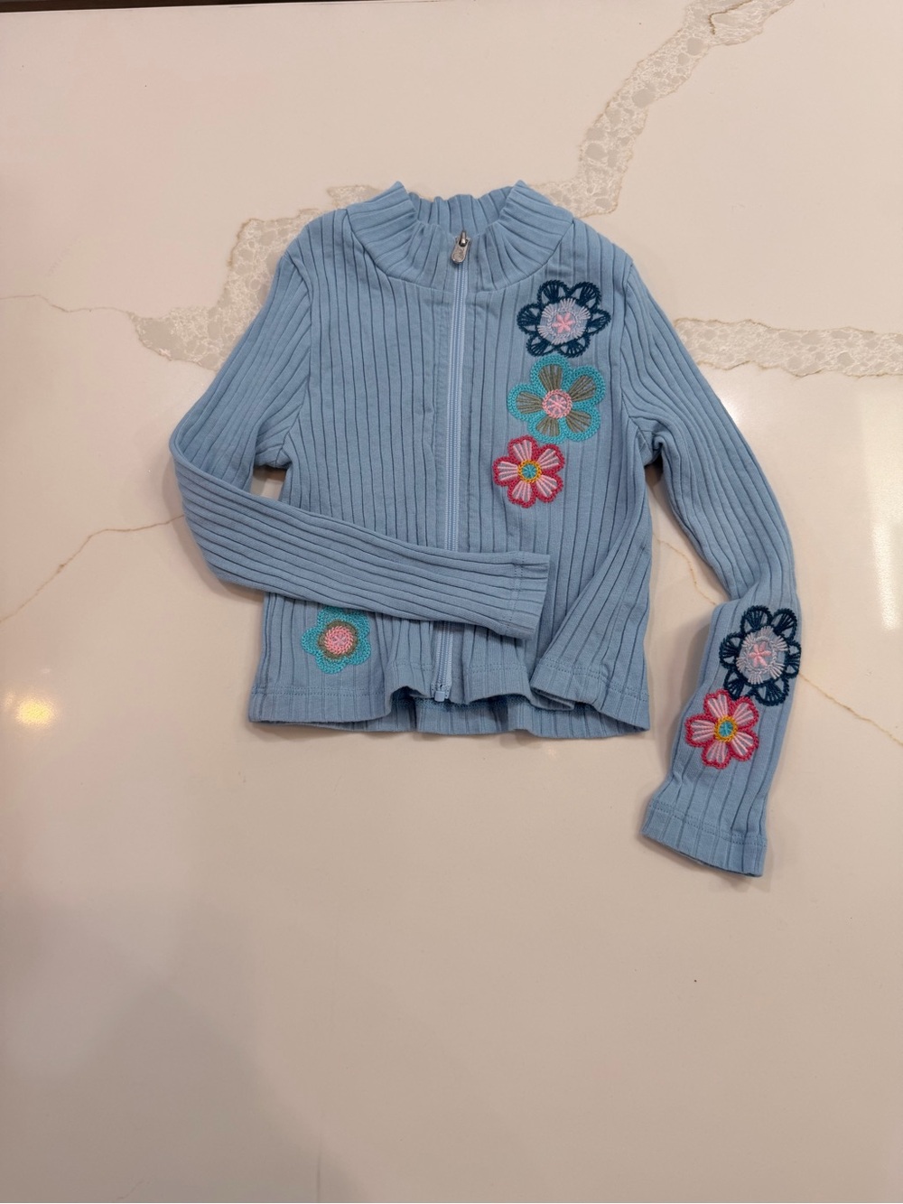 Light Blue Ribbed Zip Cardigan with Floral Appliqués